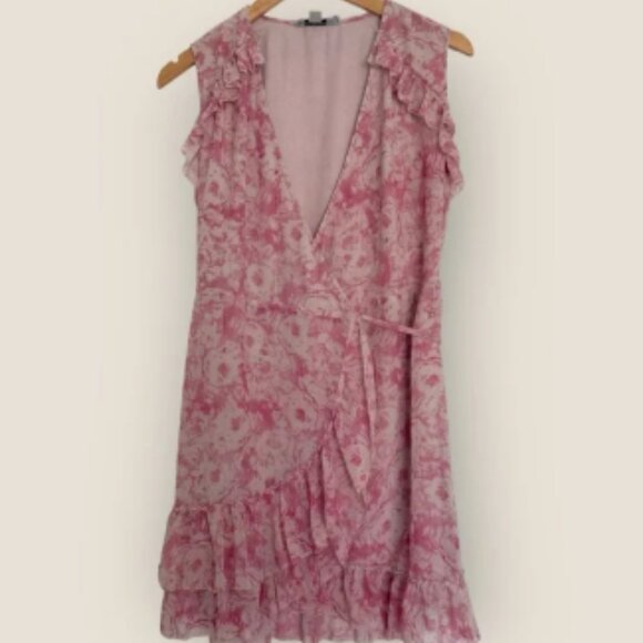 AllSaints Pink Floral Wrap Dress Size Small Ruffle Hem - Picture 1 of 7